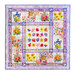 Quilt featuring multicolored watercolor florals on white with purple borders.
