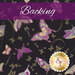Black fabric with gold and purple butterflies labeled as backing.
