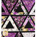 Purple and white quilt with triangle geometric design and floral prints.