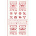 Panel of red homes, animals, plants, flowers, trees, and the alphabet on a cream fabric background.