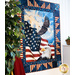 Red, white, and blue quilt featuring a central panel with two bald eagles and a United States Flag.