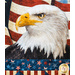 The head of a bald eagle in front of a United States flag.
