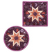 Round and squared hot pad with central folded star design made of purple floral fabrics.