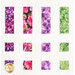 Quilt of squares and rectangles made of pink, purple, and green floral fabrics on white background.