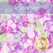 A swatch of pink and green watercolor fabric. A light purple banner at the top reads 