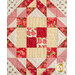 Quilt block with geometric designs made from red and cream floral fabrics.