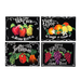 Black placemats with prints of fruit, vegetables, and produce themed phrases.
