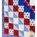 Red, white, and blue quilt of squares in diamond pattern with patriotic themed fabrics.