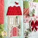 Close up of Patchwork quilt featuring Christmas themed motifs including a snow covered house.