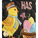 Wall hanging featuring a bird with scarf and hat next to a basket of colored eggs on black with the phrase 