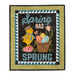 Wall hanging featuring a bird with scarf and hat next to a basket of colored eggs on black with the phrase 