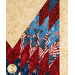 Patchwork quilt featuring red, white, and blue patterns with stars and stripes on a golden background.