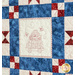 Quilt block with red, white, and blue fabrics and embroidery of bees and a hive.
