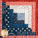 Quilt square made up of strips of red, white, and blue patriotic fabric prints.