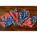 Reversible cloth napkins, one side printed with sheep wearing a US flag on blue, the other with red and white gingham.