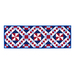 A geometric red, white, and blue table runner on a white background.