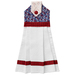 Red, white, and blue hanging towel made of prints featuring branches and stars.