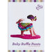 The front of the baby ruffle pants pattern booklet with a baby wearing multicolored ruffle pants