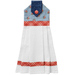 Hanging towel featuring a blue floral print and red and white plaid accents.