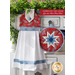 Hanging towel featuring a red paisley print and blue and white plaid accents next to matching hot pad.