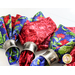 4 cloth napkins made of red and blue floral prints with silver napkin holders on a white background