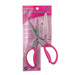 Pink-handled scissors with stainless steel blades and a protective cover, displayed in a clear plastic package with a pink card backing.