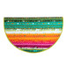 Colorful half-circle rug featuring horizontal stripes in green, orange, pink, and white patterns.