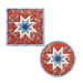 Hot pads with central folded star design made of red and blue fabrics featuring paisleys.