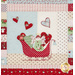 Quilt block featuring an angel with hearts in a sleigh.