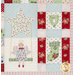 Quilt block featuring and angel swinging from a star next to a heart and a stocking.
