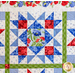 Block from geometric quilt made with red, White, and blue floral fabrics.