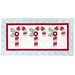 Red and white table runner featuring 3 candy canes with fabric yo-yos, all made of Winter themed fabric prints.