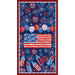Patriotic panel featuring an American flag surrounded by fireworks, balloons and rockets