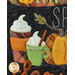 A close up of applique coffee cugs and pumpkins on a black fabric background