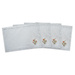 Light blue placemats with floral embroidery in the lower right corner splayed out as a set of 4.