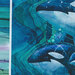 Two orcas and stripes against a marbled background