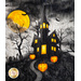 Panel quilt featuring a scene of a dark gothic house on a hill with cats and jack-o-lanterns under a yellow moon.