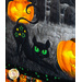Jack-o-lanterns and cats on dark grass with tombstone.