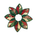 Folded wreath of leaves made with red, green, and cream Christmas themed fabrics.