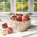 Basket made of woven neutral plaid fabrics filled with strawberries made of fabric.