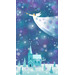 Blue fabric panel included in the Angels on High FQ set featuring a blue and purple mottled sky background  with a teal and white scene of a snow covered church in a snowy forest with a stylized angel playing a trumpet in the sky.