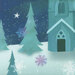 Light blue and purple fabric with tonal churches, trees and snowflakes with white angels flying with trumpets close up image