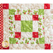 Pieced block featuring a large square surrounded by smaller squares and strips of red, green, and cream fabric.