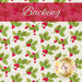 A swatch of white fabric with holly, leaves, and small dots. A red banner at the top reads 