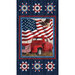 Fabric panel in red, white, and blue, with a red truck, american flag, and various other patriotic motifs on it