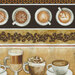 close up image of black and cream border stripe fabric with rows of coffee mugs, cappucinos, and top down coffee art