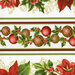 A white fabric border stripe print with rows of ornaments and large poinsettias
