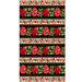 A black fabric border stripe print with rows of ornaments and large poinsettias