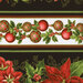 A black fabric border stripe print with rows of ornaments and large poinsettias
