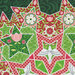 A close up of a multi colored fabric with geometric stars, doves, florals, leaves, and plaids
